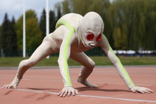 alien athlete performing acrobatic maneuver during track & field event, created with generative ai