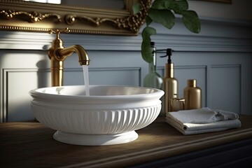 a round white wash basin with a brass faucet, set against a dark hardwood floor, created with generative ai