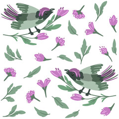 Seamless pattern birds faberge on branch, flowers
