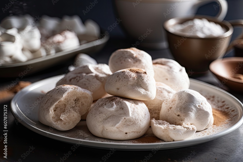 Poster plate of fluffy meringue cookies, dusted with cinnamon and sugar, created with generative ai