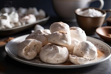 Fototapeta premium plate of fluffy meringue cookies, dusted with cinnamon and sugar, created with generative ai