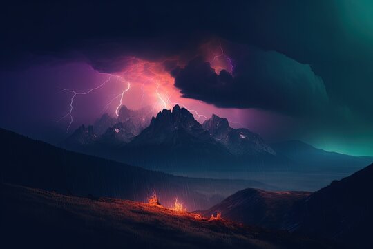 Nature background with lightning and thunderstorm. Dark night landscape view during a thunderstorm. Flashing lightning. Neon light. Fantasy abstract landscape. Neon tunderstorm. Generative ai.