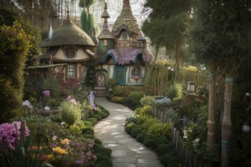 magical garden of fairy tales, with storybook characters and whimsical settings, created with generative ai
