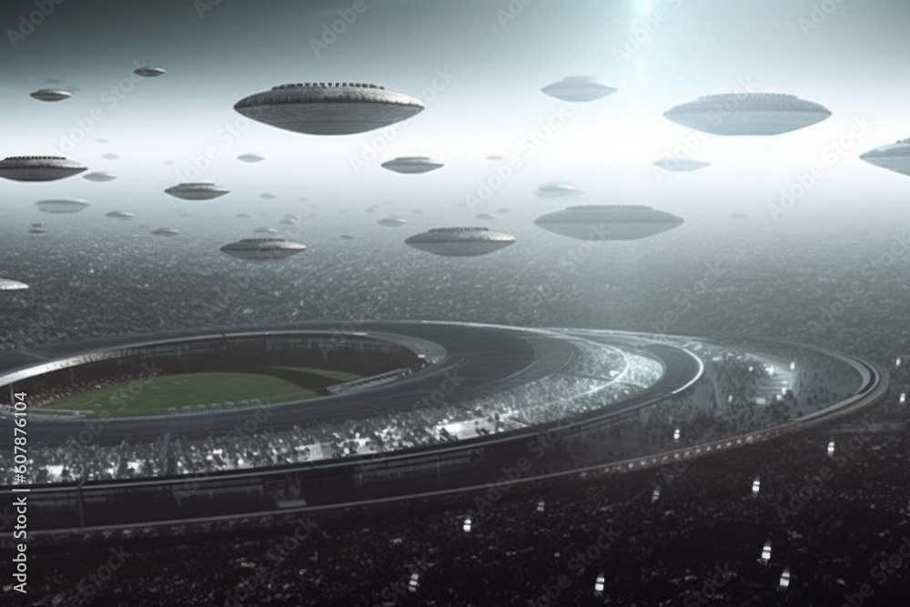 Wall mural ufo fleet hovering above planet, with their occupants taking part in sporting events, created with g