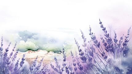 Watercolor of a scenic lavender field. Summer season. Minimalistic purple flower illustration for postcard or banner. Generative AI