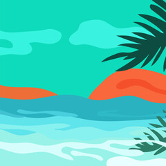 Fototapeta na wymiar Bright banner with tropical leaves on the background of the sea. The concept of relaxation. Templates are perfect for ads, banners, websites, posters. Vector graphics.
