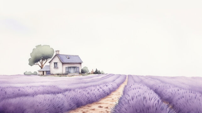 Watercolor of a scenic lavender field with house. Summer season. Minimalistic flower illustration for postcard or banner. Generative AI