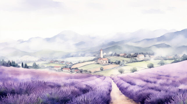 Watercolor of a scenic lavender field with village. Summer season. Minimalistic flower illustration for postcard or banner. Generative AI