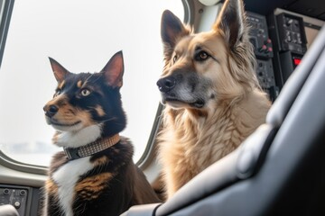 dog and cat sitting in cockpit of passenger plane, keeping watch over the flight, created with generative ai