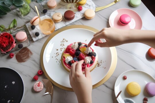 stylist arranging slices of pie, cookies, and macarons on plate for the perfect dessert shot, created with generative ai