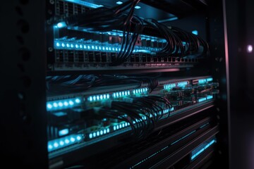 Naklejka premium close-up of server rack with blinking lights and cables, created with generative ai
