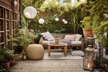 outdoor space with potted plants, lanterns, and cozy seating for private escape, created with generative ai