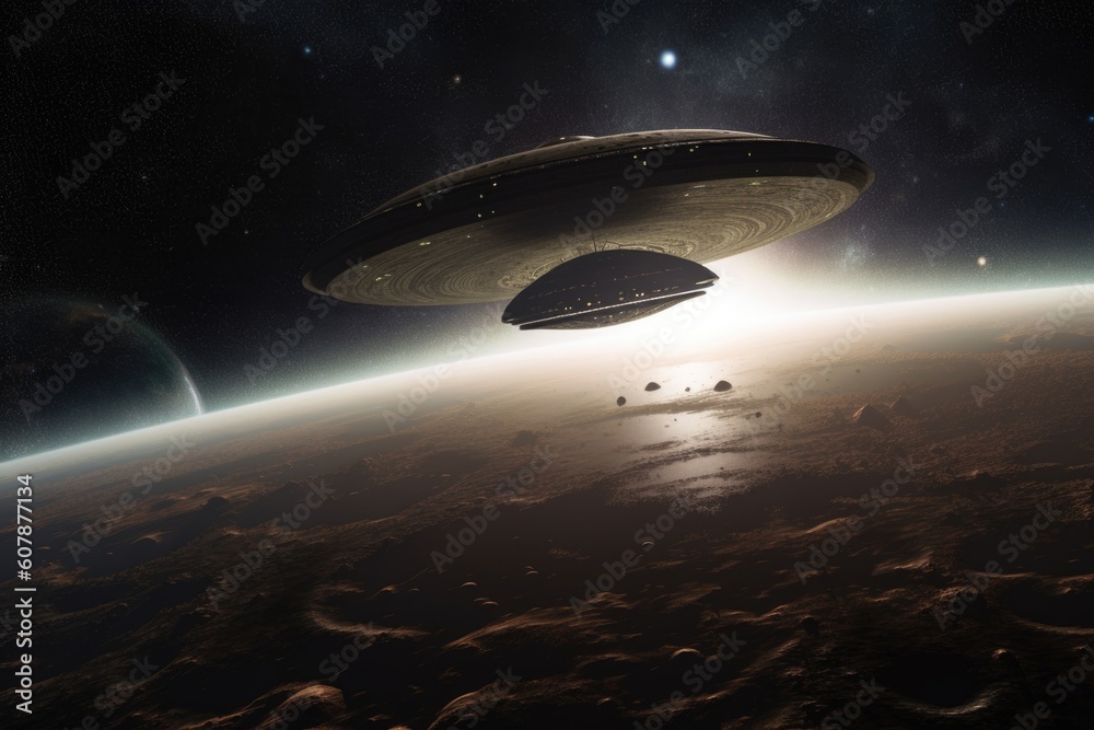 Wall mural alien life form floating in space, with view of distant planets and stars, created with generative a