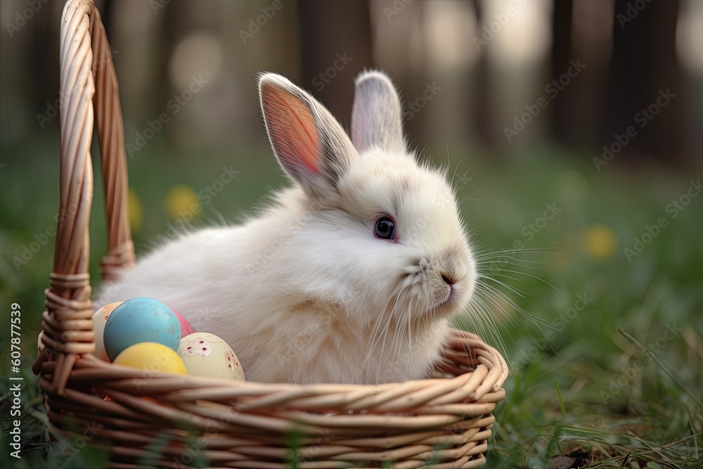 Canvas Prints Cute white rabbit with easter eggs in a basket on green grass. AI generated.