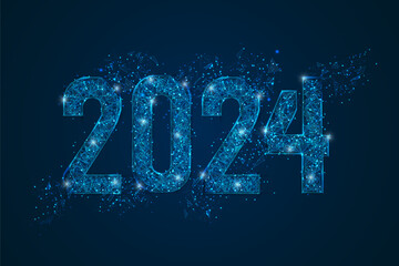 Abstract isolated blue image of new year number 2024. Polygonal low poly wireframe illustration looks like stars in the blask night sky in spase or flying glass shards. Digital web, internet design. © Katsiaryna