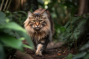 Naklejka na ściany i meble Maine coon cat walking while hunt in the forest generative ai