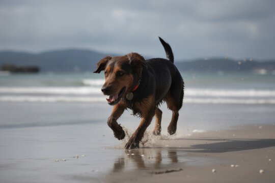 dog running along the beach, with its nose to the ground, on search and rescue mission, created with generative ai
