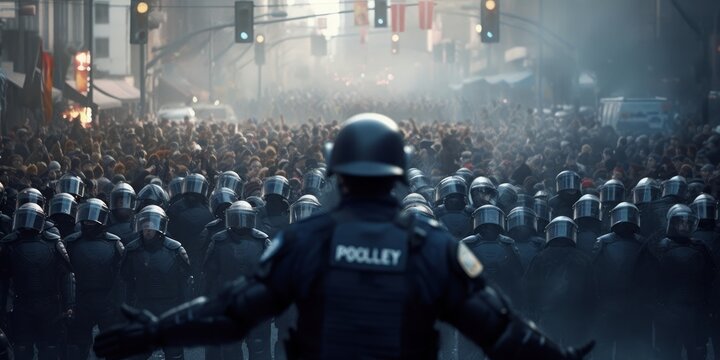 Police Presence And Riot Control At A Rally. Generative AI