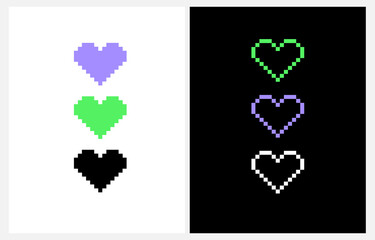 Simple Vintage Y2K Style Valentine's Day Vector Card. Trendy Print with Neon Green and Violet Pixel Hearts on a White and Black Background. Creative 90's Pixel Art Design. RGB Color Love Symbol Print.