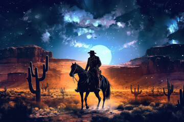 A Western Cowboy Riding Under the Milky Way Galaxy in the Desert, Generative AI
