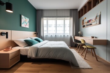 neat and tidy bedroom with minimalist decor and colorful accents, created with generative ai