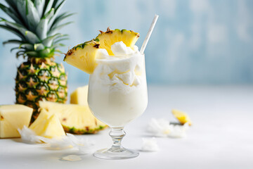 A traditional Caribbean pina colada cocktail in a glass, garnished with a slice of pineapple. Cold summer pina colada with whipped cream and tube. Generative AI photo imitation - obrazy, fototapety, plakaty