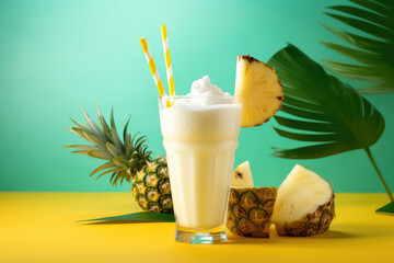 A traditional Caribbean pina colada cocktail in a glass, with a slice of pineapple and palm leaves. Isolated on a bright green background. Cold summer pina colada with whipped cream. Generative AI  - obrazy, fototapety, plakaty