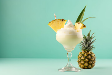 A traditional Caribbean pina colada cocktail in a glass, garnished with a slice of pineapple. Isolated on a green background with copy space. Cold summer pina colada with whipped cream. Generative AI  - obrazy, fototapety, plakaty