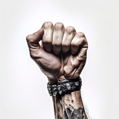 A closed hand with bracelet, rock and roll