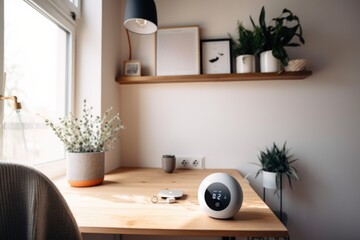 smart thermostat and camera system in cozy home office, created with generative ai