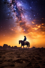 Fototapeta na wymiar A Western Cowboy Riding Under the Milky Way Galaxy in the Desert, Generative AI