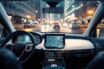 connected car with dashboard view of busy city street, filled with people and traffic, created with generative ai