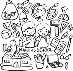 cartoon line art set of students and school teaching supplies