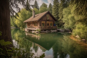 Fototapeta premium cozy cabin with view of the lake, surrounded by trees, created with generative ai