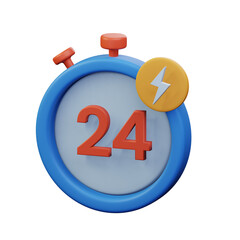 24 hours fast delivery shipment service stopwatch time with flash bolt badge 3d rendered icon illustration design