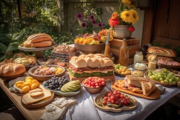 picnic table covered in food, with towering sandwiches, delicious baked goods and refreshing drinks, created with generative ai