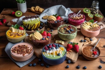 collection of smoothie bowls, each with unique toppings and mix-ins, created with generative ai