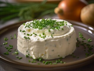 cream cheese mixed with chives and garlic on a plate