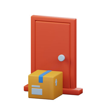 shipment package box order arrived and placed at front of door 3d rendered icon illustration design