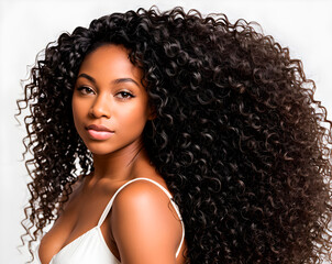 African american girl with long and shiny wavy hair on white background. Beautiful model with curly hairstyle. Generative AI. - 607879596