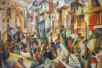 Foto op Plexiglas cubist painting of bustling cityscape, with buildings and people in motion, created with generative ai © altitudevisual