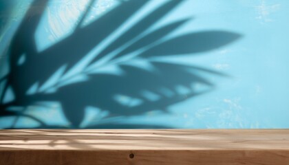 Empty wooden table on blue color wall background. Backdrop for product display with leaf shadows on the wall and light reflections. Mock up for presentation, brand products, Generative AI
