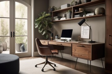 home office with clean and clutter-free surfaces, sleek furniture, and tech accessories, created with generative ai