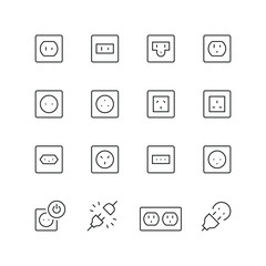 Vector line set of icons related with electrical sockets. Contains monochrome icons like socket, electric, outlet and more. Simple outline sign.