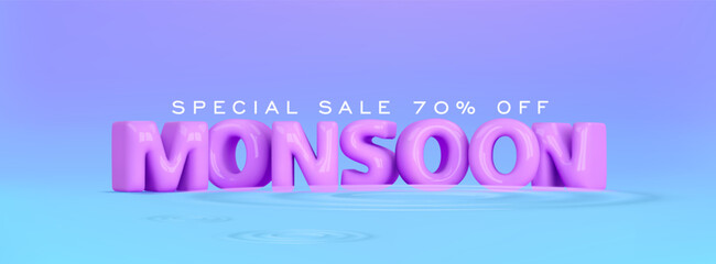 Monsoon season rain sale banner. 3d balloon monsoon text on blue background. Vector cartoon illustration for promotion, discount, web header, coupon