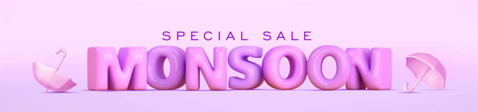 Monsoon season rain sale banner. 3d balloon monsoon text and 3d umbrella on pink background. Vector cartoon illustration for promotion, discount, web header, coupon