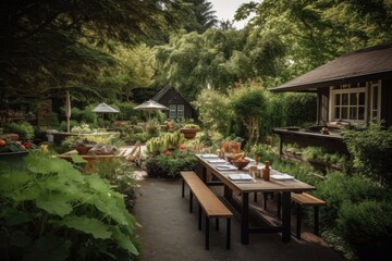 Fototapeta premium outdoor bistro serving up farm-to-table fare in tranquil garden setting, created with generative ai