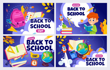 Back to school banner set. Colorful back to school templates for invitation, poster, banner, promotion, sale, and web ad. School supplies cartoon illustration. Vector back to school design templates.