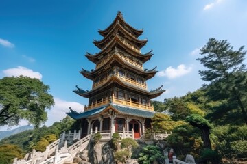 Fototapeta premium majestic china pagoda with gilded lanterns and intricate stone carvings against the blue sky, created with generative ai