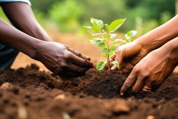 African women planting organic vegetable garden in fertile soil - sustainable agriculture, eco-friendly, farming, health, nutrition, generative AI - obrazy, fototapety, plakaty
